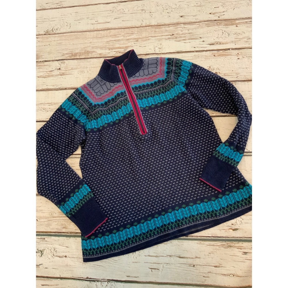 Eddie Bauer Womens Medium Fair Isle Quarter Zip Sweater Blue Teal Geometric Knit